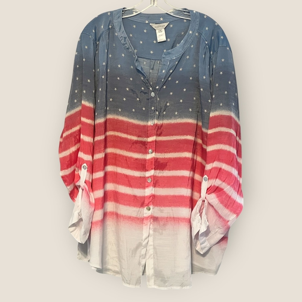Multiples Patriotic American Flag Stars Stripes Button Roll Tab Blouse Womens 3X